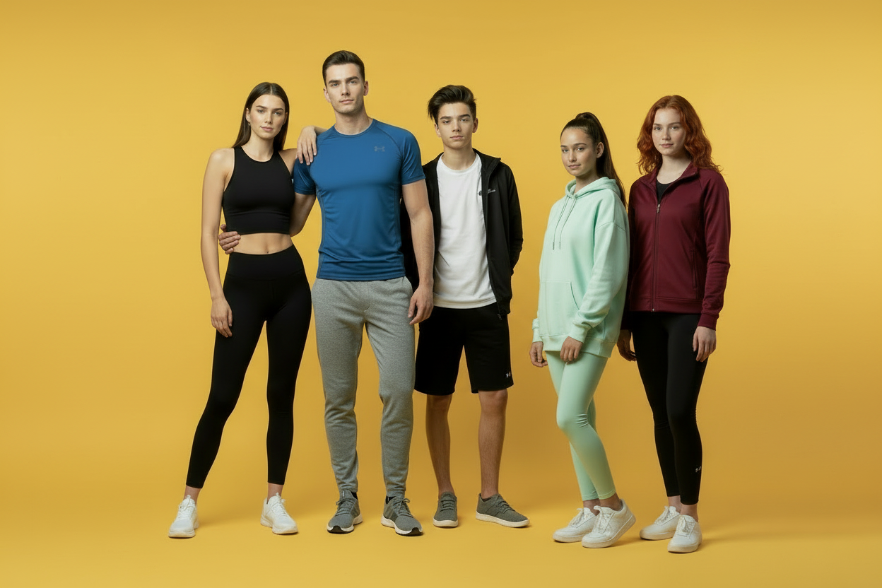 Four people wearing a variety of athletic clothing on a yellow background