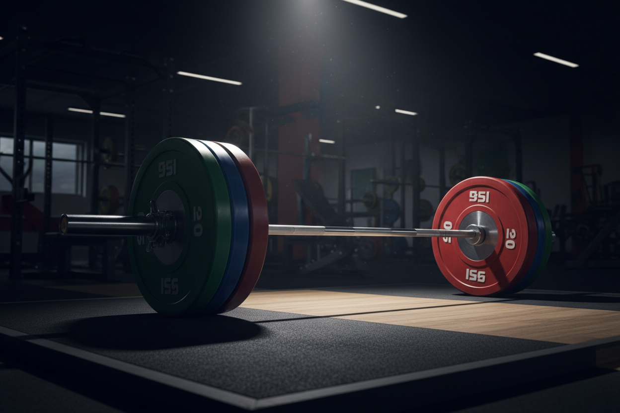 Specialist olympic bar and plates in a dark gym over head lights